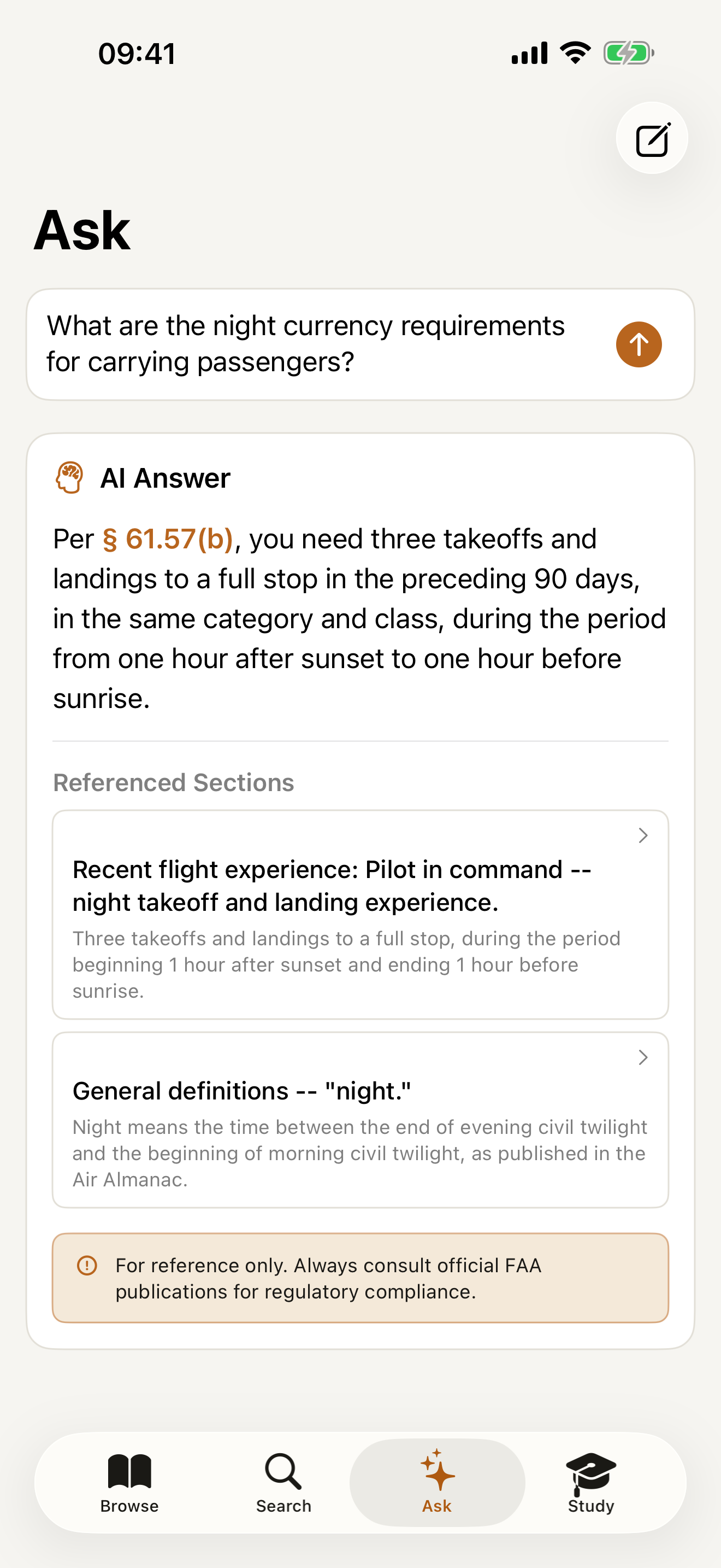 RegBrief Ask tab showing a Pro AI answer about night currency with cited 14 CFR sections.