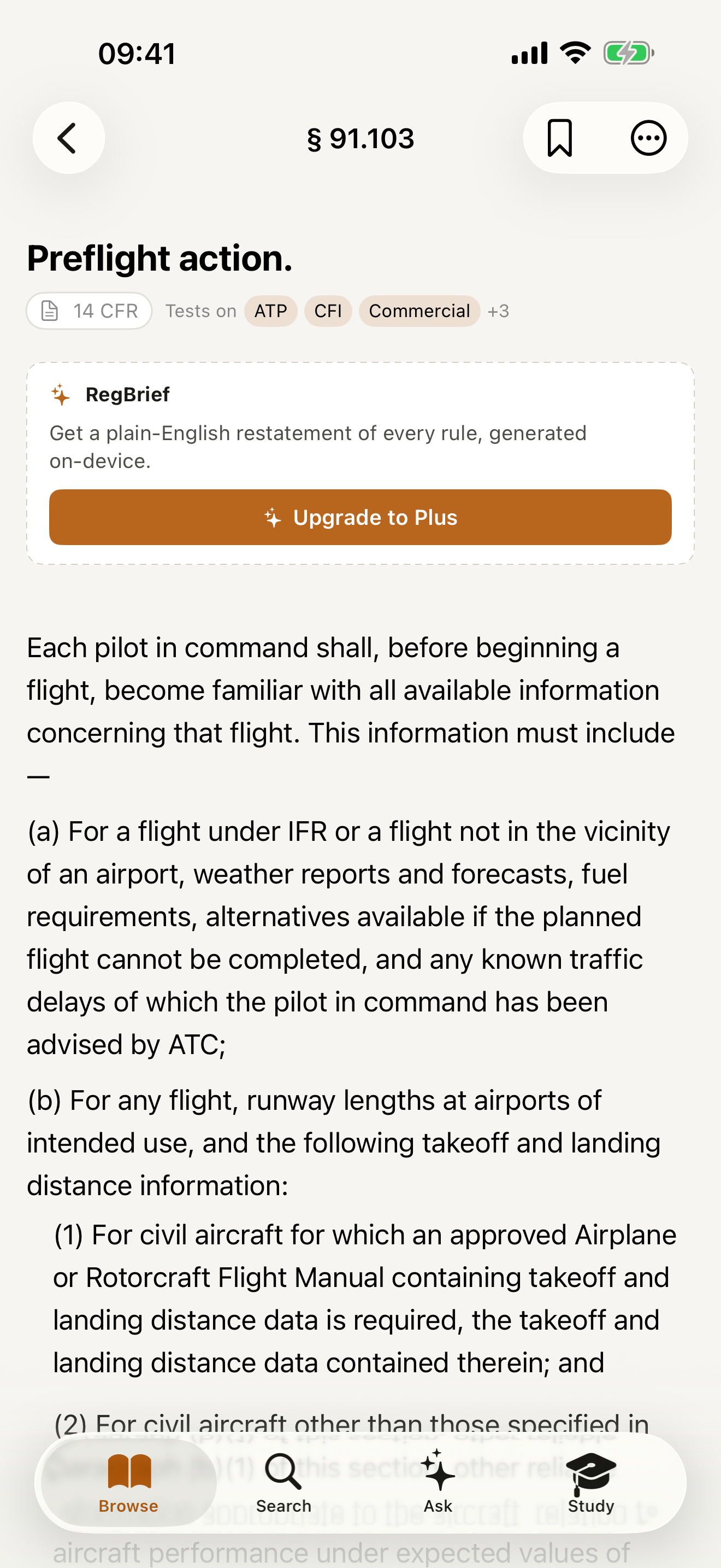 RegBrief Reader showing a 14 CFR section with a plain-English RegBrief summary at the top.