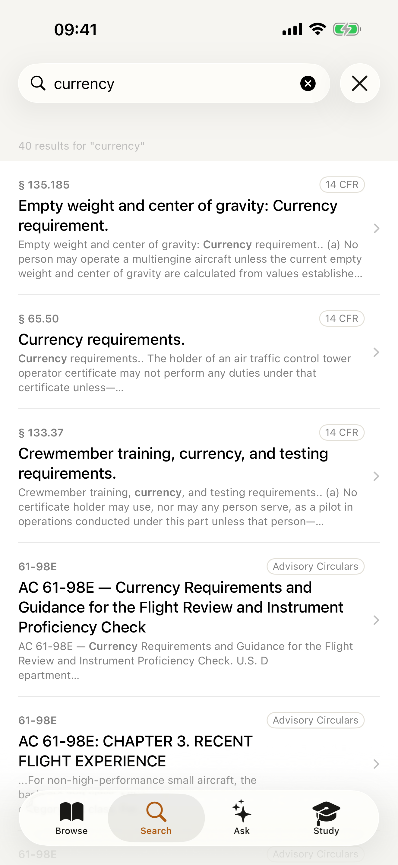 RegBrief Search tab showing keyword results across 14 CFR with section citations and snippets.