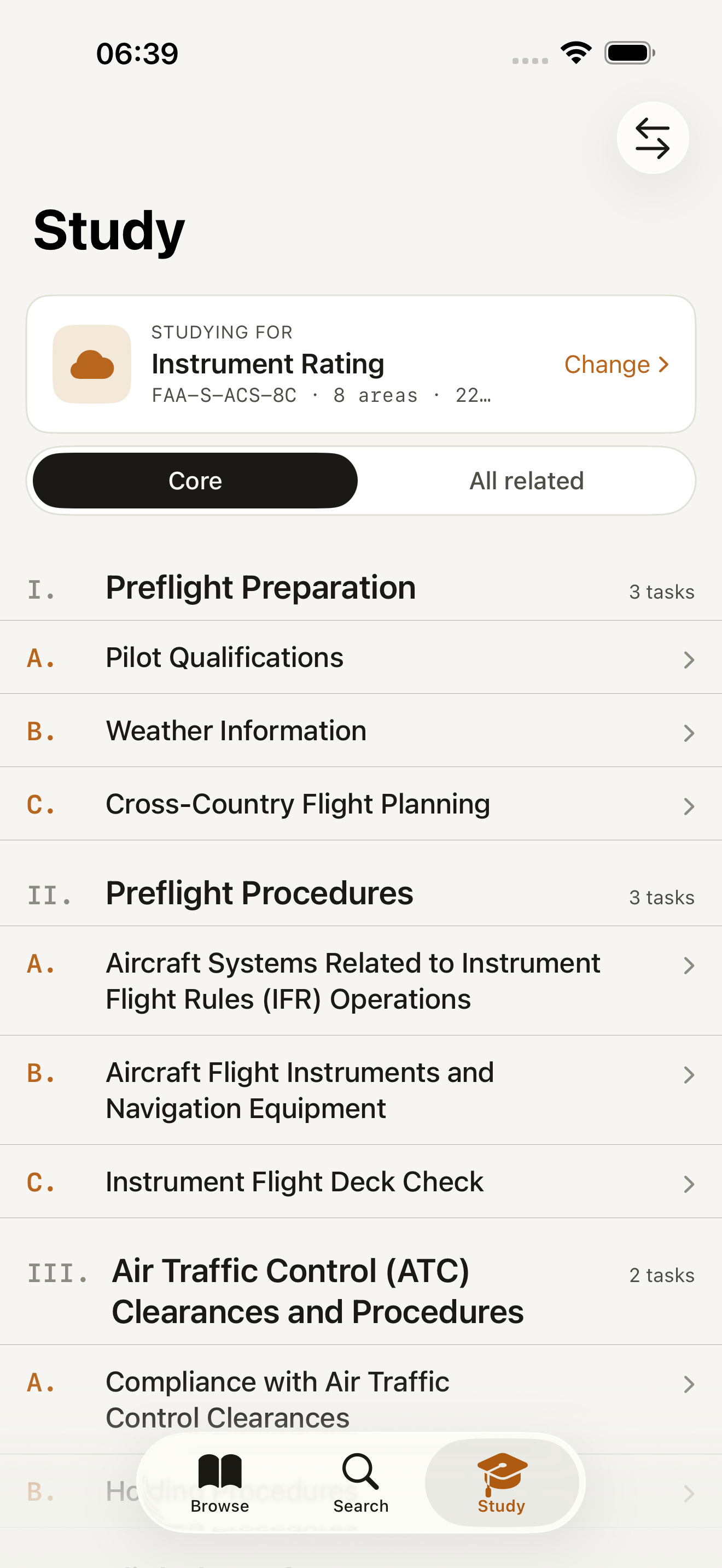 RegBrief Study tab showing the Instrument Rating ACS outline with Areas of Operation, Tasks, and a Continue Studying card.